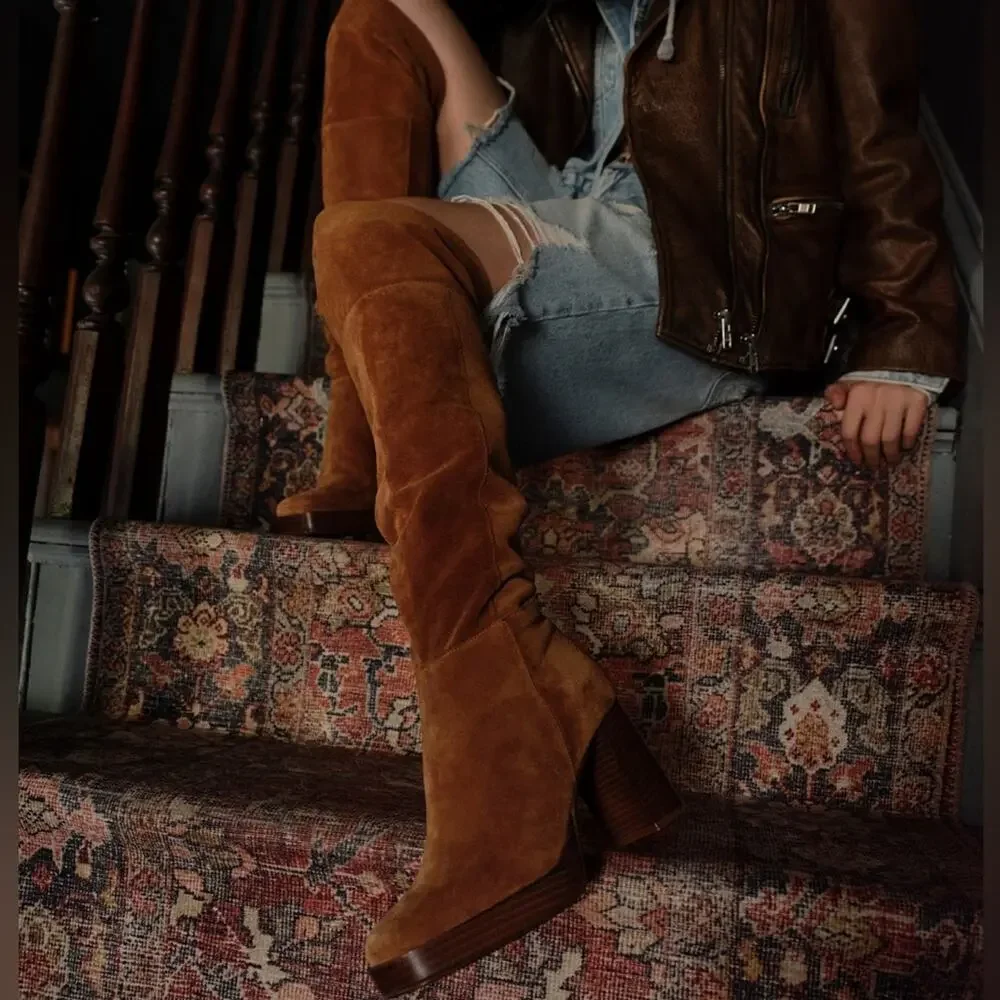 Free People Cognac Brown Echo Platform Over the Knee Boots 6